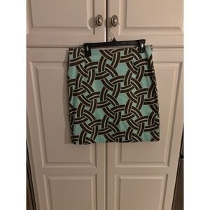 Melly M Womens Skirt Size 10 Aqua Brown Geometric Print Pencil Knee Length